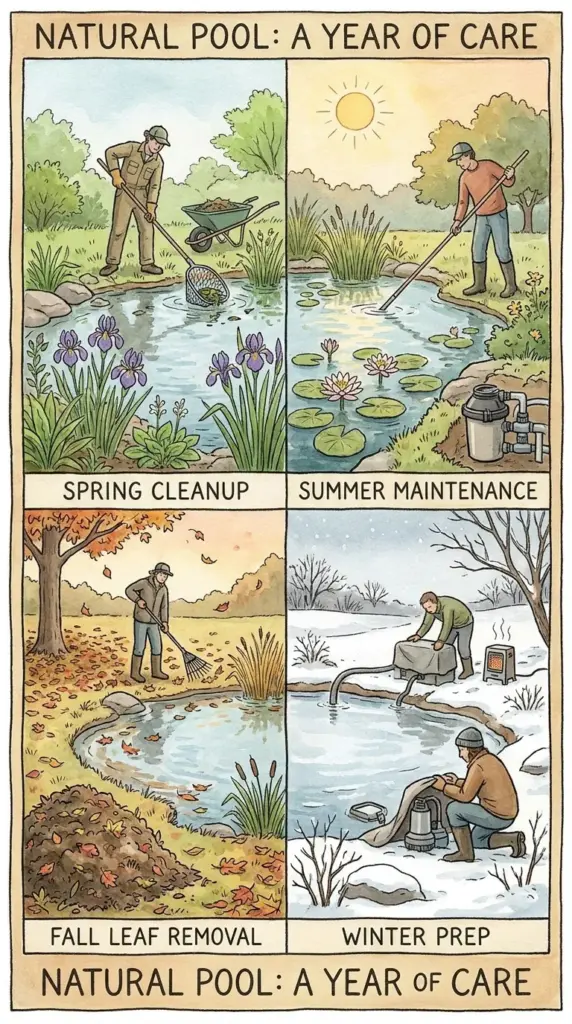 Seasonal natural pool maintenance for spring startup, summer algae prevention, and fall cleanup