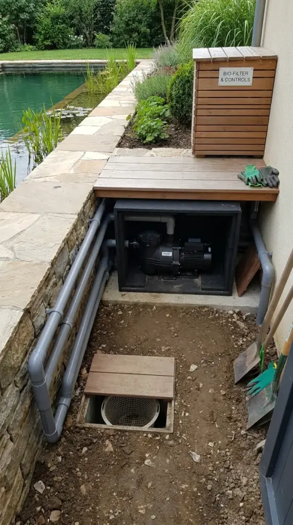 Water circulation pump and hidden plumbing setup for a small chemical-free natural pool in an urban yard