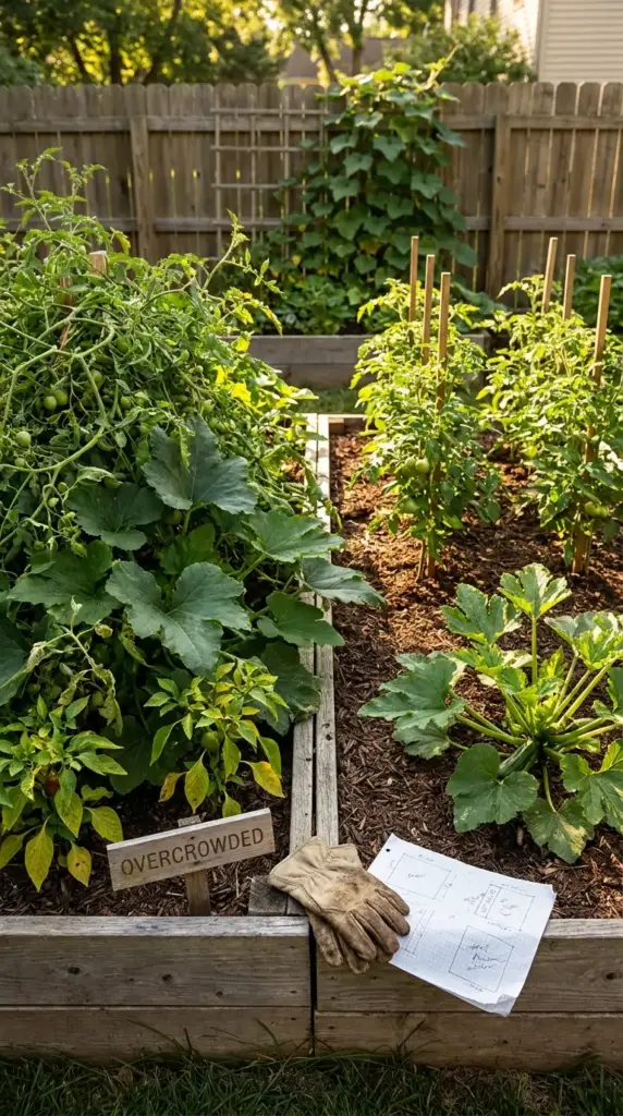 Visual garden help for plant spacing showing a comparison between an overcrowded vegetable bed and a properly planned layout with a garden map.