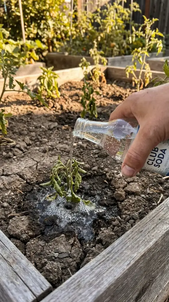 Unique garden help with household items showing a person pouring club soda on a wilted plant to provide minerals and improve soil health.