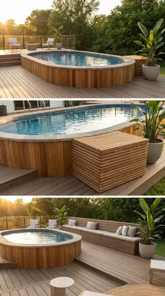 Hidden pool equipment and pool pump enclosure ideas for a clean above ground pool backyard