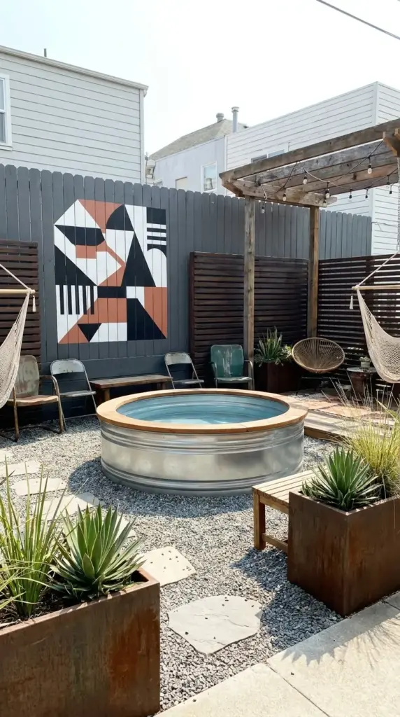 Stock tank pool with painted fence and mural backdrop for loft-style rustic industrial backyard drama