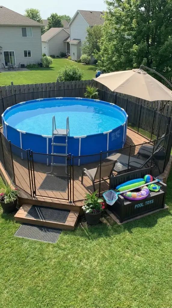 Family-friendly above ground pool area with safety fence, secure ladder, and compact backyard storage