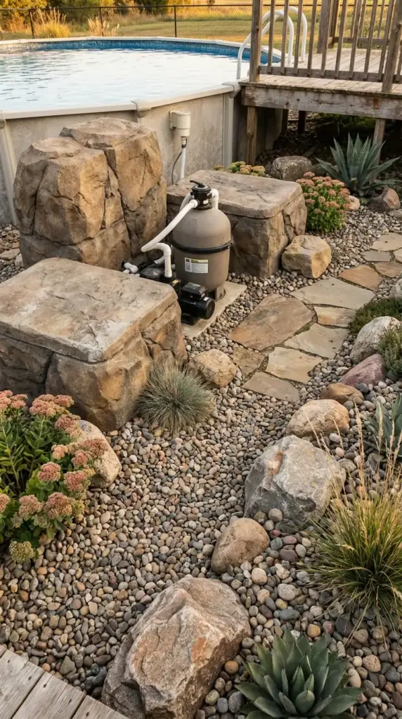 Rock garden and boulder bed hiding above ground pool pump and filter equipment