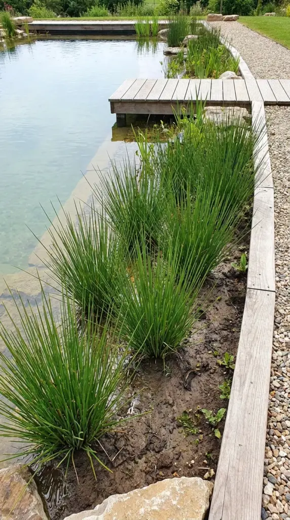 Soft rush in a natural pool regeneration bed for structure, erosion control, and edge stability
