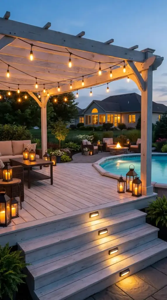 Above ground pool deck lighting with string lights, lanterns, solar deck lights, and white wash wood decking