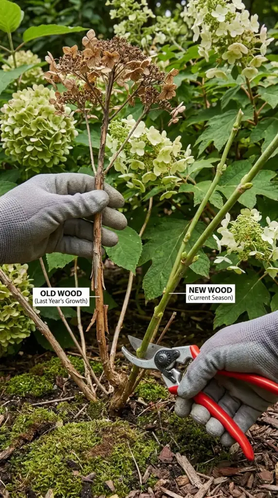 Pruning hydrangeas correctly in shade without removing next year’s flower buds