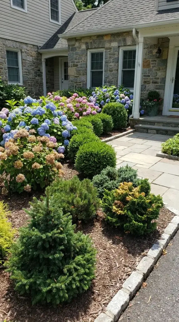 Four-season hydrangea and evergreen combo for year-round curb appeal in a small front yard