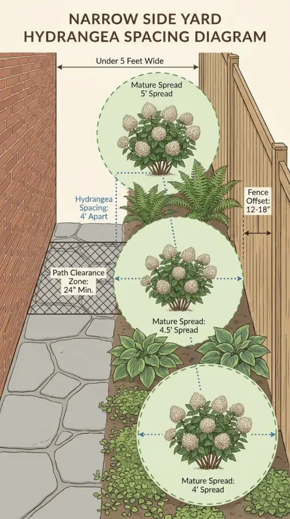 hydrangea spacing and path-clearance rules for narrow side yard landscaping