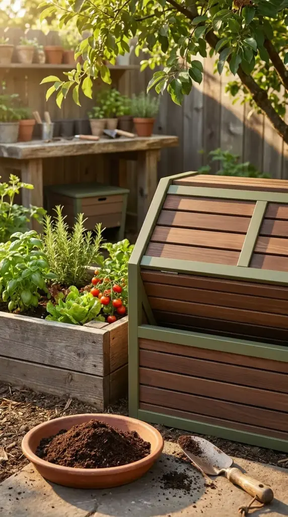 A discrete mini farm for HOA neighborhoods showing a decorative wood-slatted composter and a raised garden bed with fresh herbs and tomatoes.