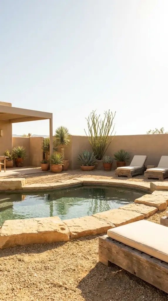 Desert-inspired natural pool with warm stone, gravel, drought-tolerant plants, and water-wise backyard landscaping