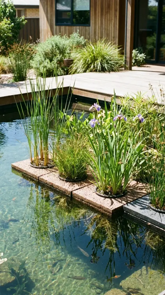 Floating wetland rafts for natural pool filtration with aquatic plants improving water clarity and nutrient uptake