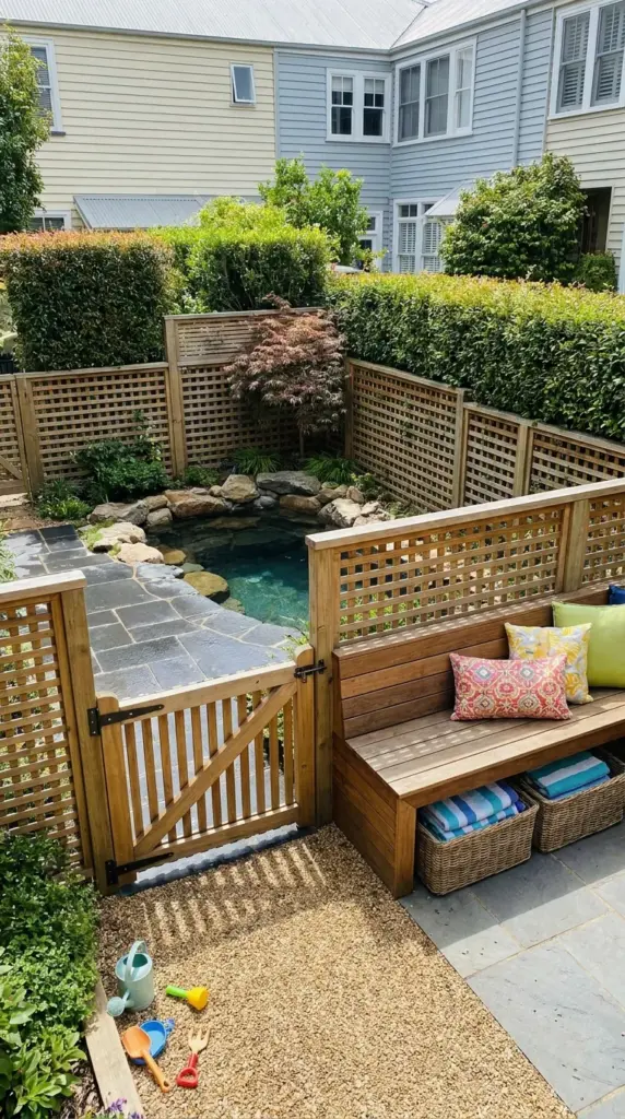 Private and safe small urban garden pool with layered screening, non-slip edges, and built-in storage