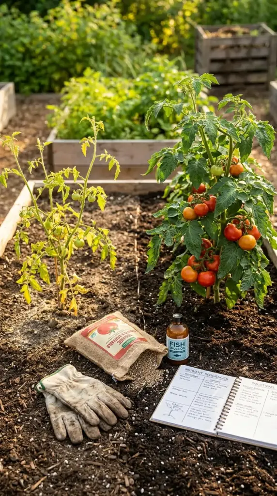 Professional garden help for fertilizing tomatoes showing a comparison between a nutrient-deficient plant and a healthy, high-yield tomato plant.
