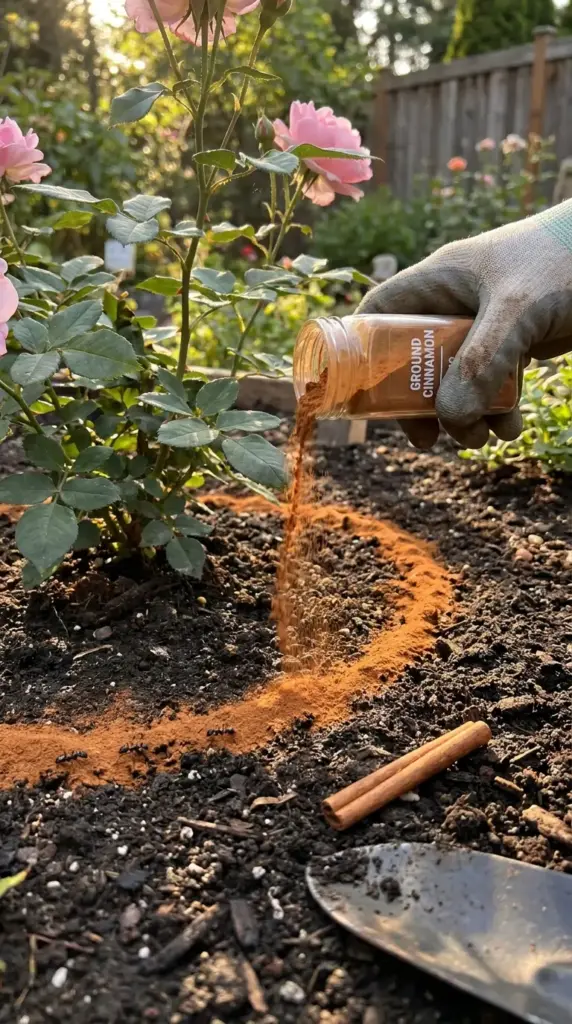 Natural garden help with household items showing a gardener using ground cinnamon as an organic ant repellent around a rose bush.