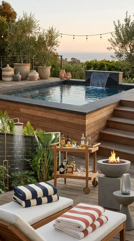 Luxury above ground pool extras including outdoor shower, bar cart, and fire feature for resort style