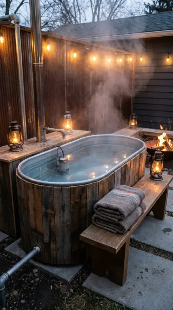 Heated stock tank pool for a four-season soaking spot with rustic industrial spa styling
