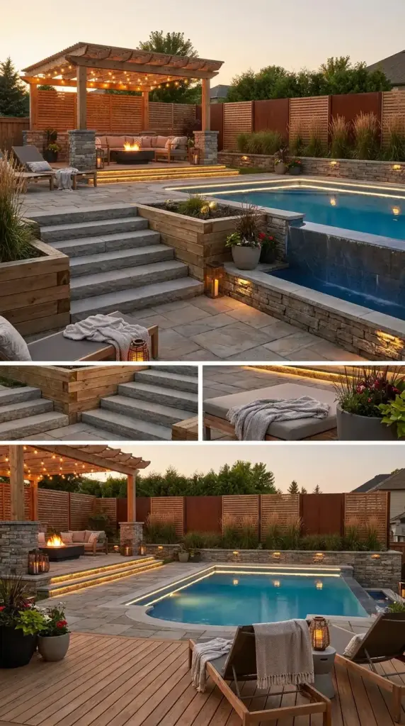 Stylish above ground pool upgrades for difficult terrain with privacy screens, pergola, lighting, and backyard oasis design