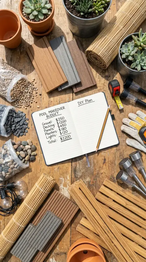 Budget breakdown for above ground pool makeover materials including deck, gravel, privacy panels, and decor