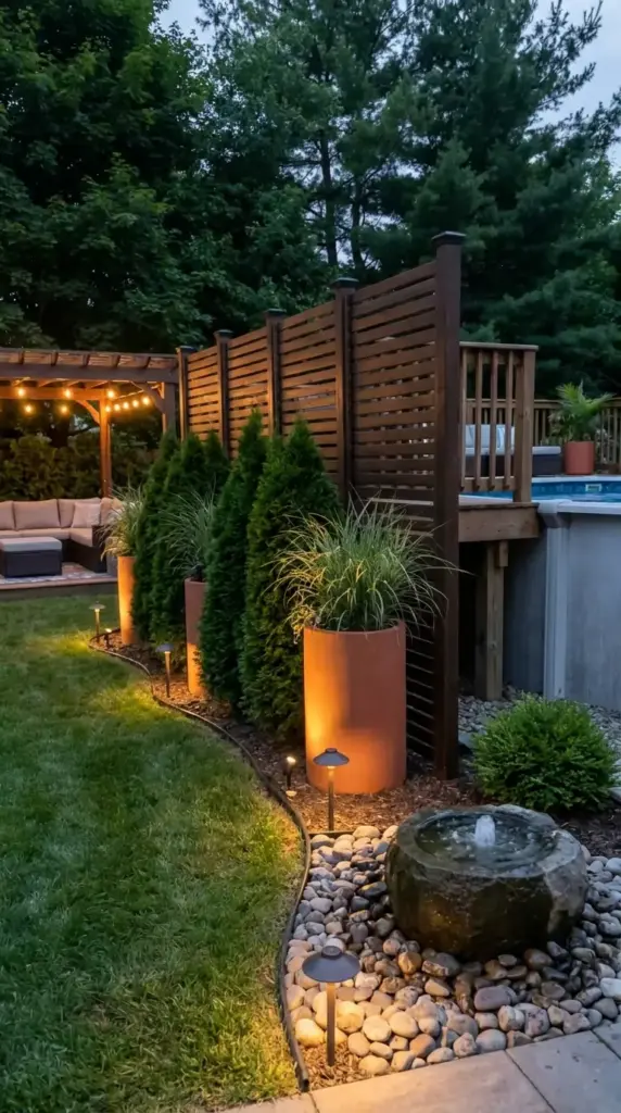 Layered pool equipment screen with plants lighting and sound masking for above ground pool