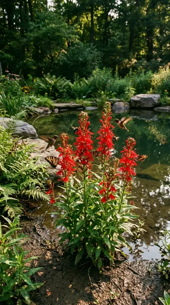 Cardinal flower at a natural pool edge supporting pollinators and adding bold red seasonal color
