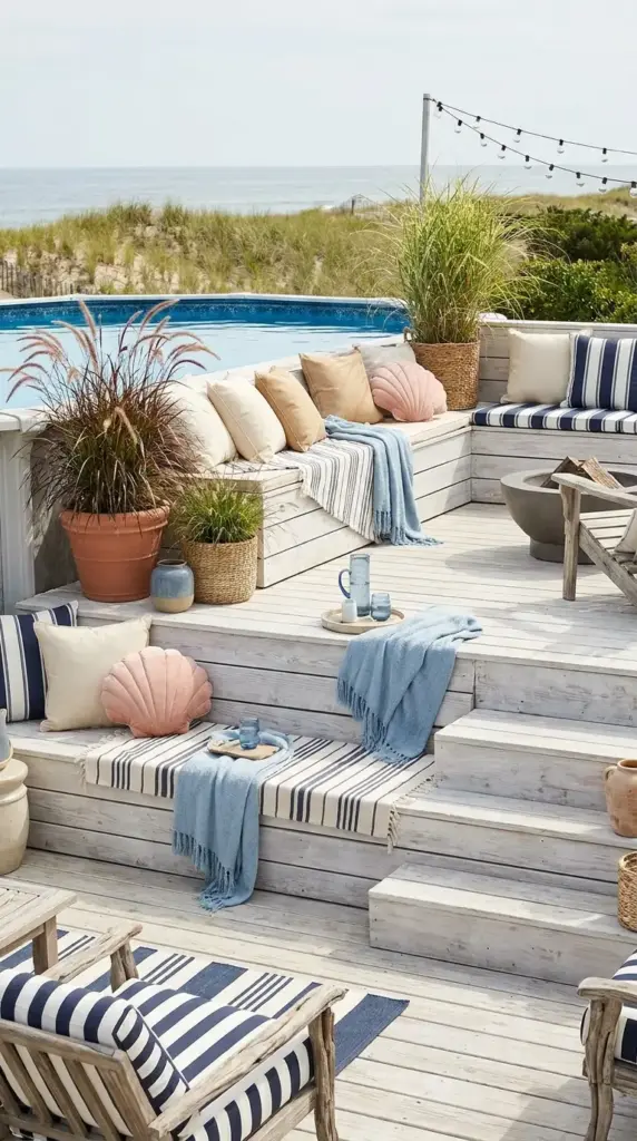 Coastal above ground pool deck finished with planters, shell tones, outdoor textiles, and white wash wood boards