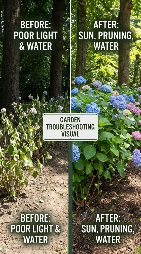 Fixing a thin floppy bloomless hydrangea hedge in deep shade with better care and light