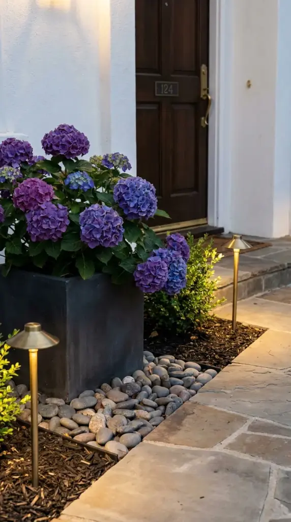 Tiny front yard statement bed with bold hydrangeas by the entry and front door