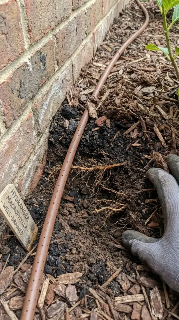 healthy hydrangea side-yard soil with drip irrigation mulch and well-drained planting bed