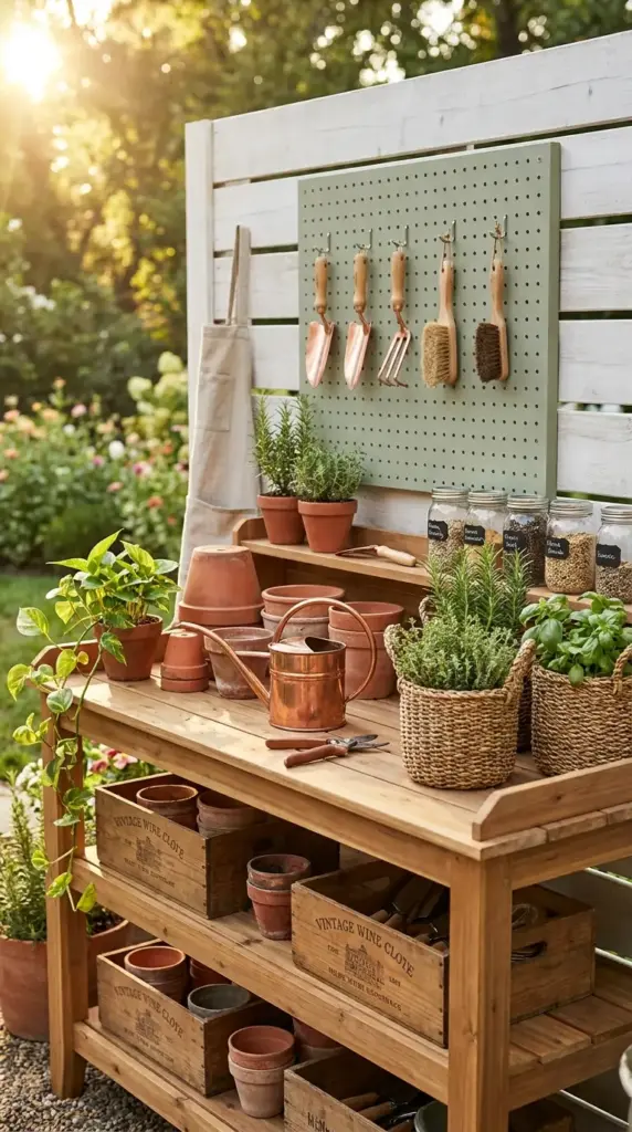 An organized and aesthetic mini farm for HOA neighborhoods showing a wooden potting bench with copper tools and potted herbs in a backyard garden.