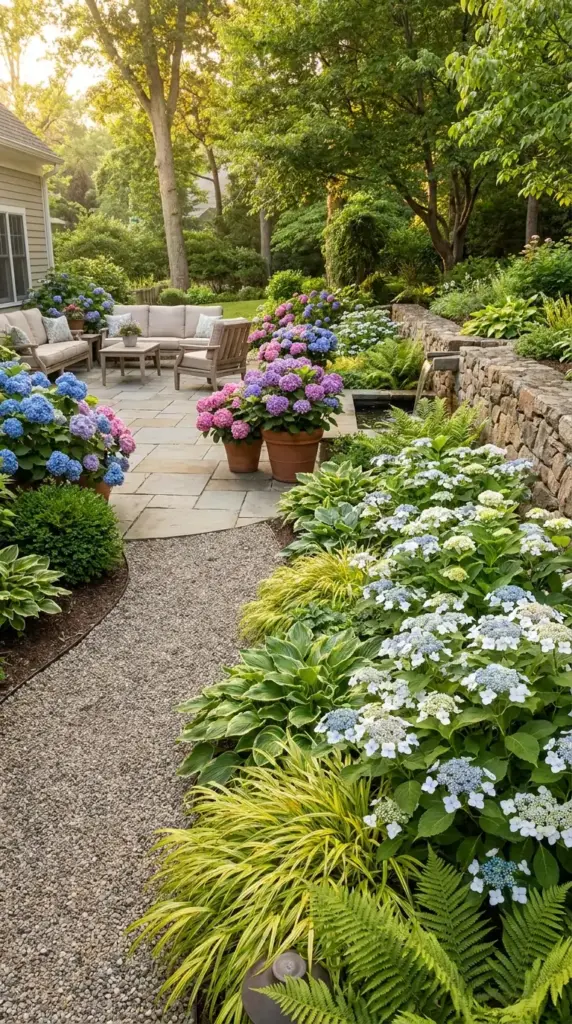 Mixed mophead and lacecap hydrangea landscape design with hostas ferns and layered garden styling