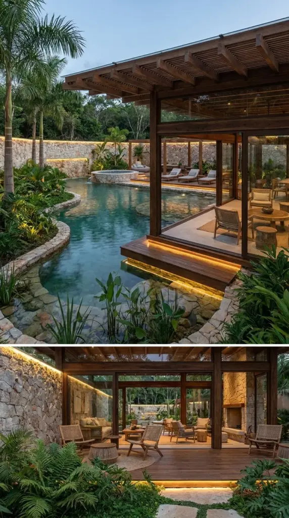 Luxury biophilic natural pool retreat with spa elements, lush planting, and wellness backyard design