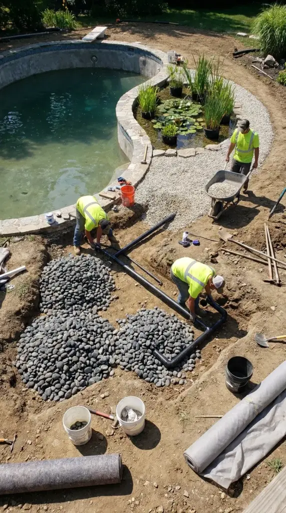 Natural pool upgrade with bigger bog filter and improved circulation to solve repeated green water problems