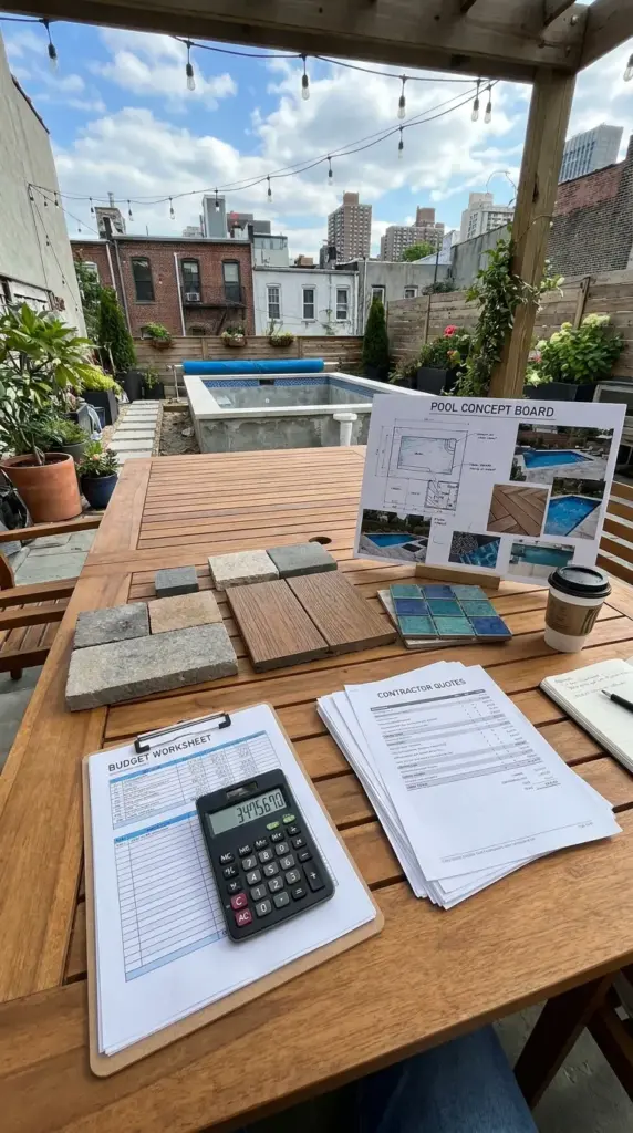 Budget planning for a small yard natural pool with contractor quotes, material samples, and cost-saving design choices