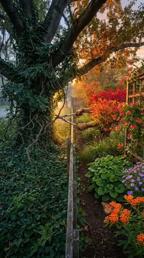 Essential garden help for tree maintenance showing a gardener pruning invasive vines with loppers in a sunlit backyard.