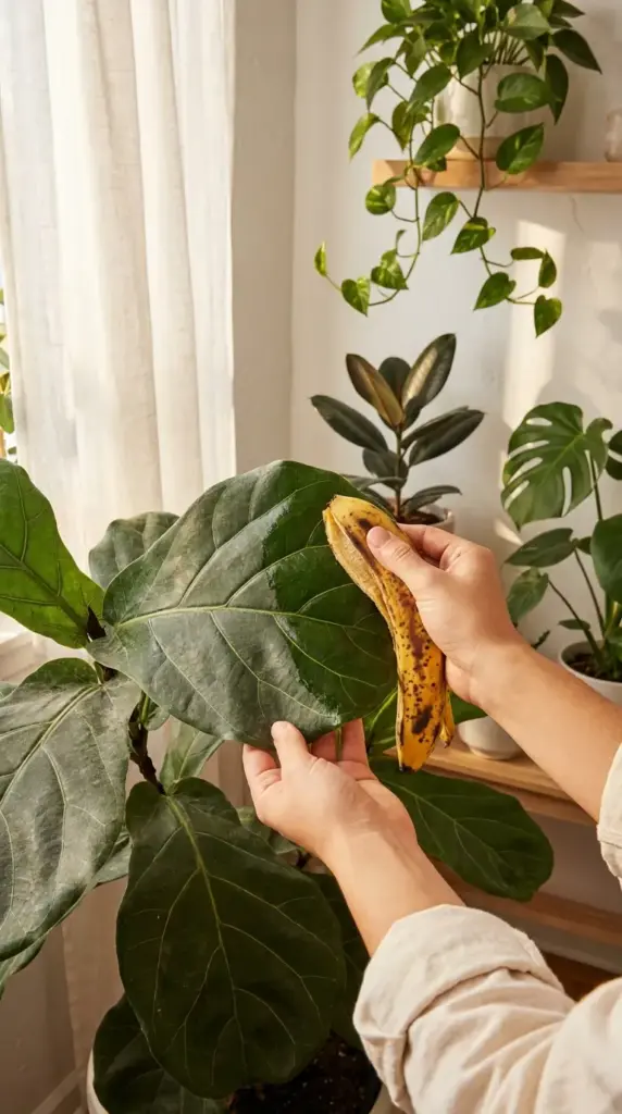 Creative garden help with household items showing a person using a banana peel to clean and shine the leaves of a Fiddle Leaf Fig houseplant.