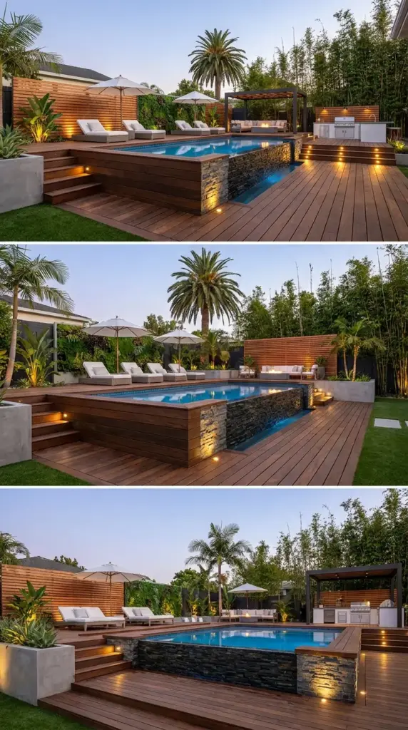 Completed modern above ground pool makeover with deck, lighting, landscaping, and luxury resort-style backyard design