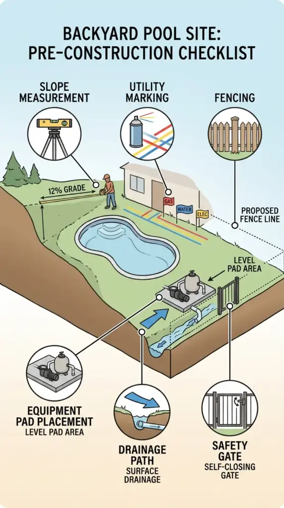Final pre-install checklist for a sloped backyard above ground pool including drainage, utilities, fencing, and safety planning