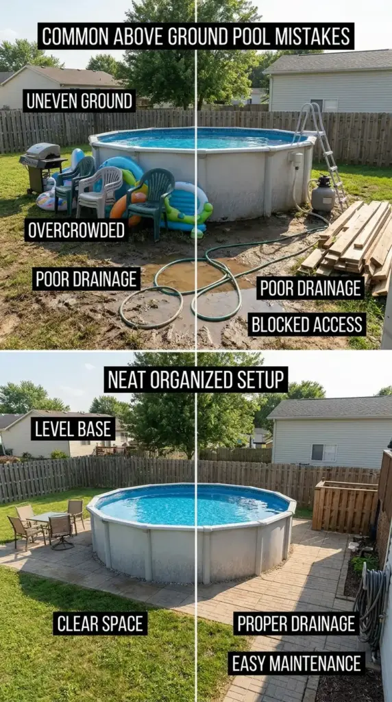 Above ground pool makeover mistakes to avoid, including poor leveling, overcrowding, and bad drainage in a small backyard