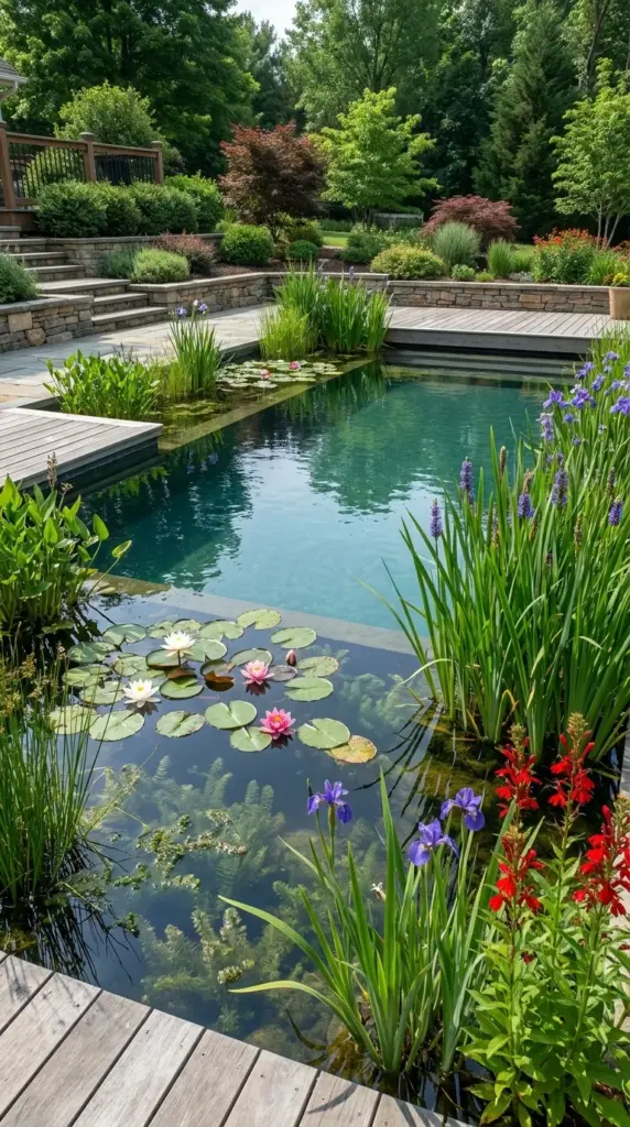 Balanced aquatic plant mix for a crystal clear natural pool with submerged, floating, and marginal plants