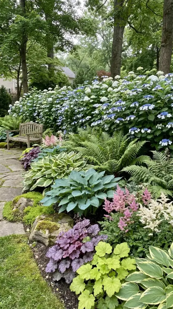 Shade companion plants like hostas, ferns, and heuchera layered with a hydrangea hedge