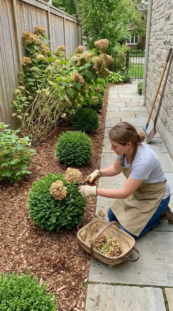 pruning and maintaining compact hydrangeas in a narrow side yard while avoiding overcrowding mistakes