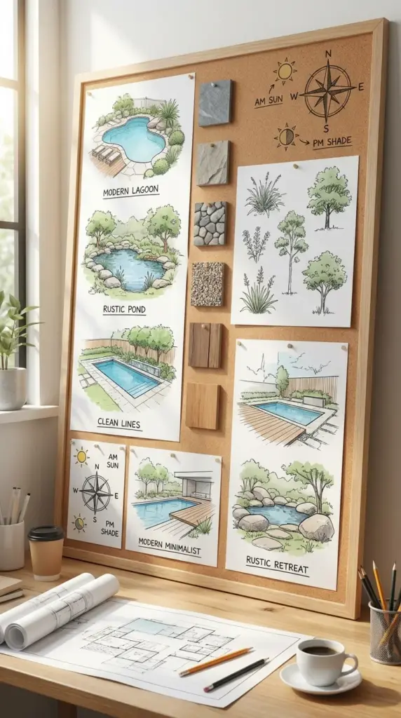 Natural pool style planning board with layout ideas, materials, planting options, and backyard design comparisons