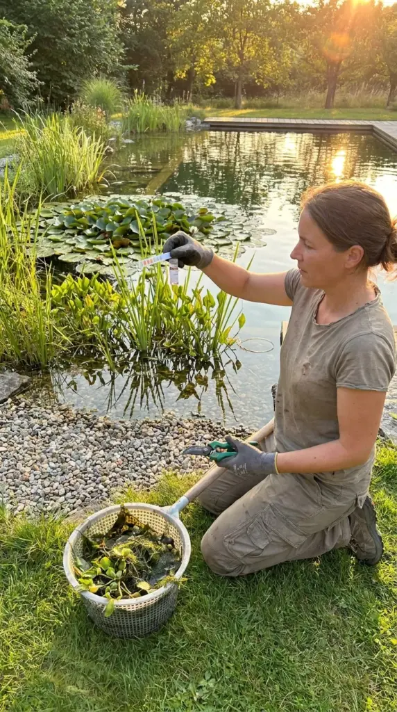 Natural pool maintenance with skimmer cleaning, water testing kit, aquatic plant care, and algae prevention