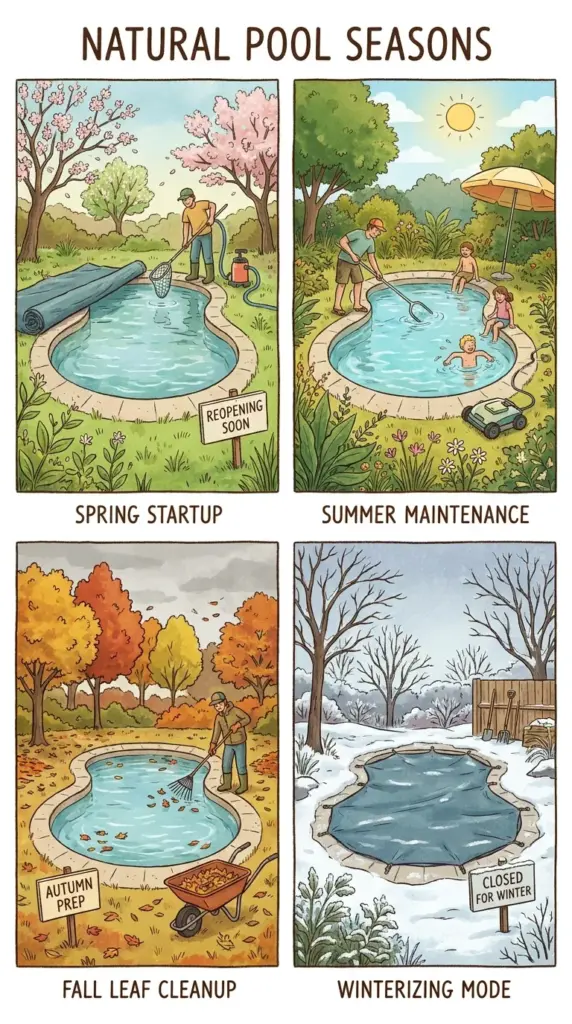 Seasonal care for a small natural pool showing spring, summer, fall, and winter maintenance in urban gardens