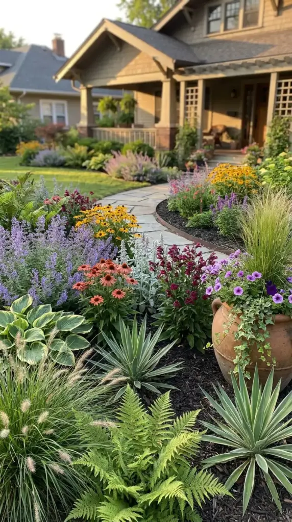 Professional garden help for curb appeal featuring a lush front yard landscape with a stone path and colorful perennial flowers.