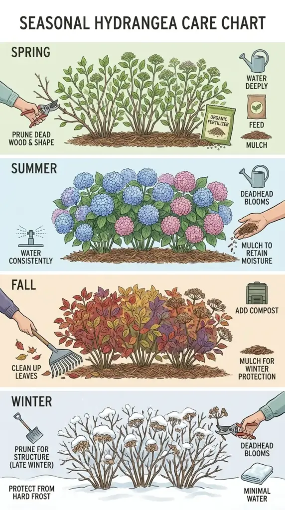 Year-round care calendar for hydrangea hedges in shade with seasonal pruning, watering, and feeding tasks