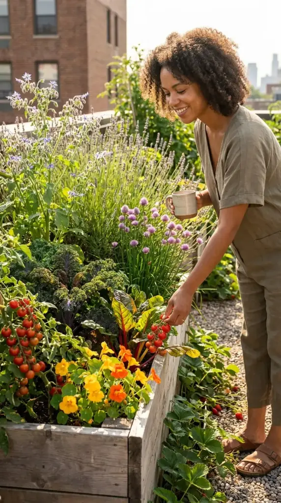 A productive rooftop mini farm for HOA neighborhoods showing a woman harvesting organic vegetables and edible flowers in a dense urban garden.
