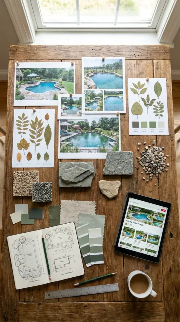 Natural pool inspiration board with swim pond ideas, plant palettes, materials, and backyard planning notes