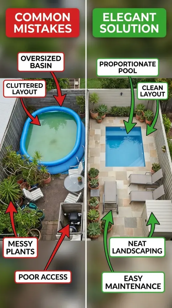 Common small natural pool mistakes including oversized layouts, messy planting, and poor filtration planning
